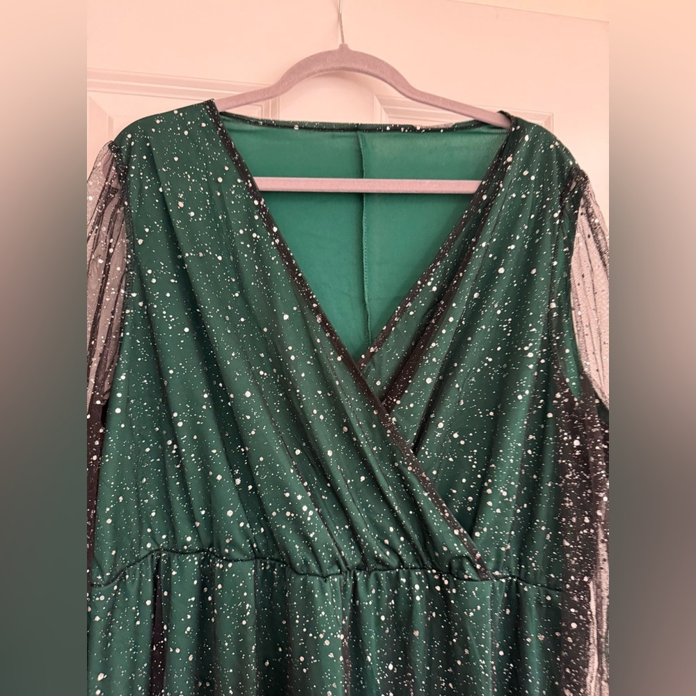 Green Ruched Wrap Dress with Bishop Sleeves - Picture 2 of 4